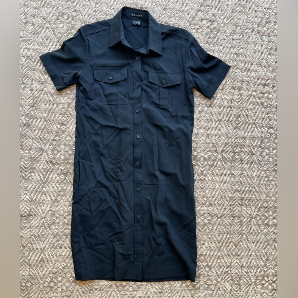 Theory Women's Black Short Sleeve Button Down Shirt Dress Wool‎ Blend 0